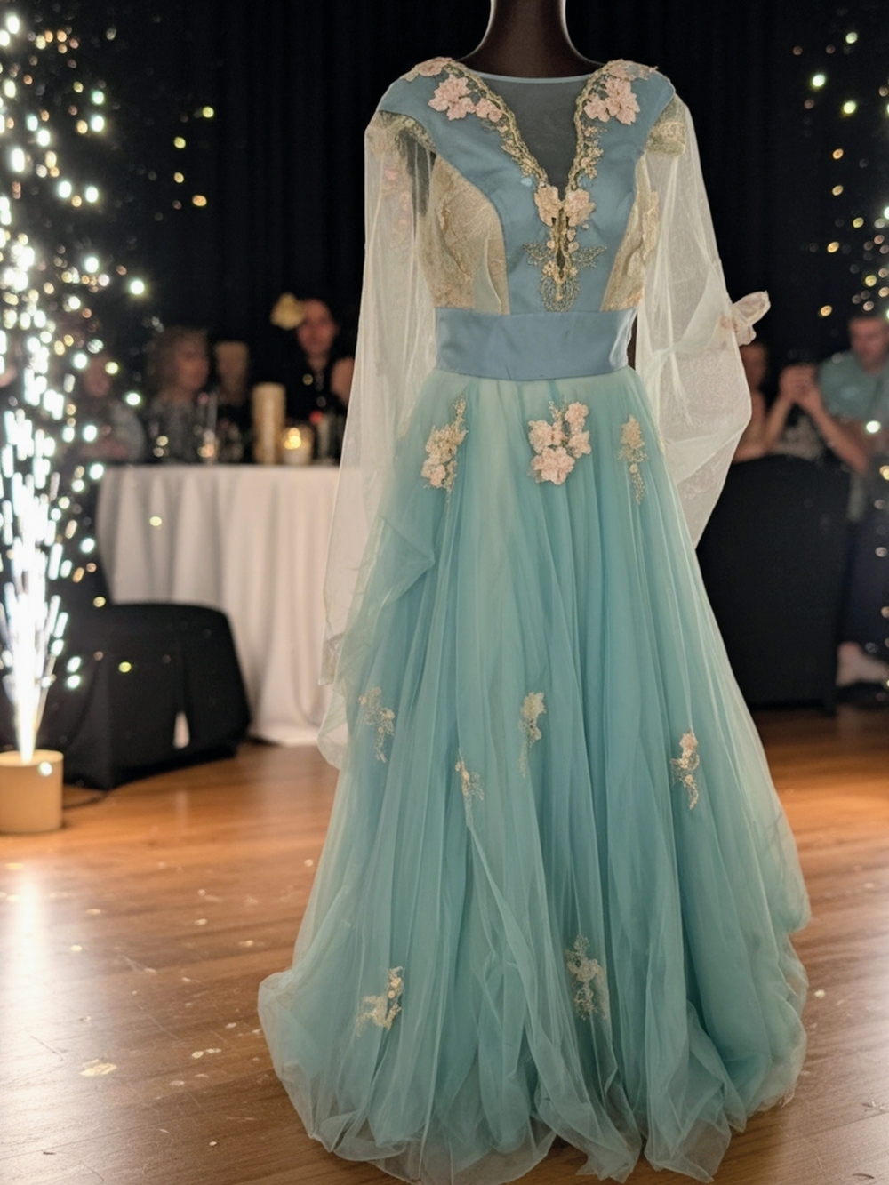 Vintage NOS Baby Blue Tulle Maxi Gown Chiffon Overlay